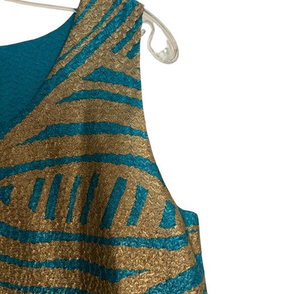 Chico's Travelers Top Sleeveless SZ O Teal Gold Textured Metallic Abstract Shiny - Picture 6 of 9
